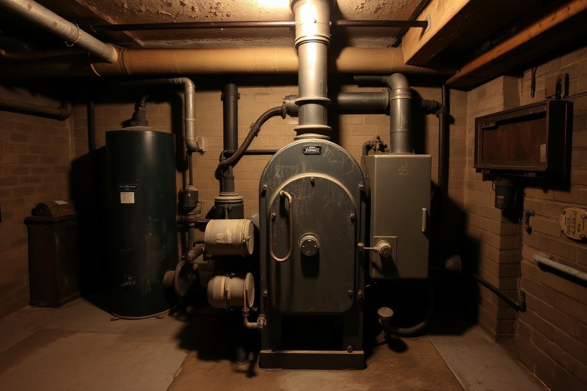 Ancienne chaudière fioul à côté d'une nouvelle pompe à chaleur air/eau, symbolisant la transition énergétique réussie.