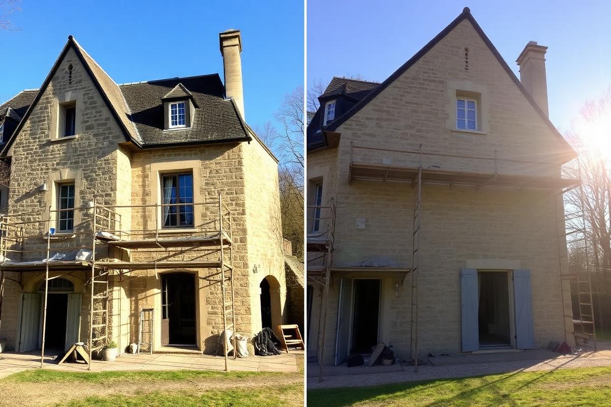 Pompe à chaleur air/eau installée devant une façade de maison ancienne en pierre, symbolisant la rénovation énergétique réussie