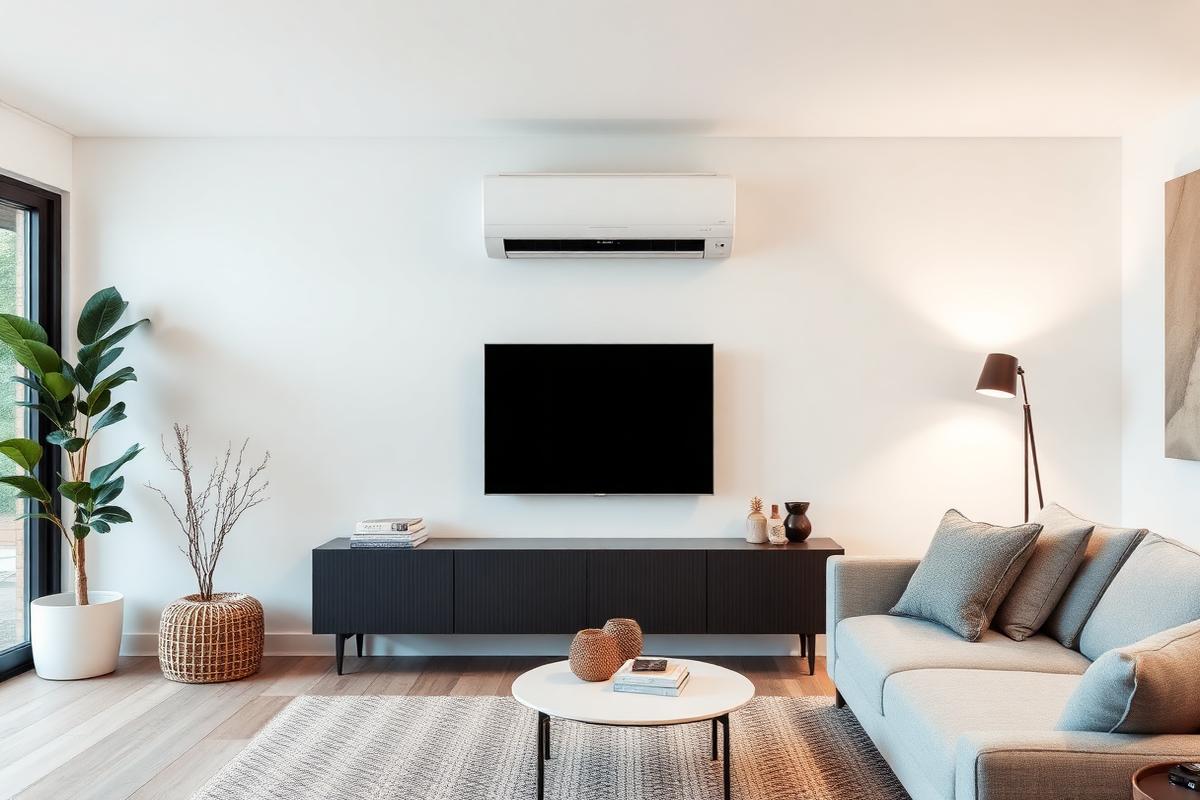 Image d'une unité extérieure de pompe à chaleur air/air avec des unités intérieures (splits) dans un salon moderne, illustrant le chauffage et la climatisation réversible dans une maison individuelle.