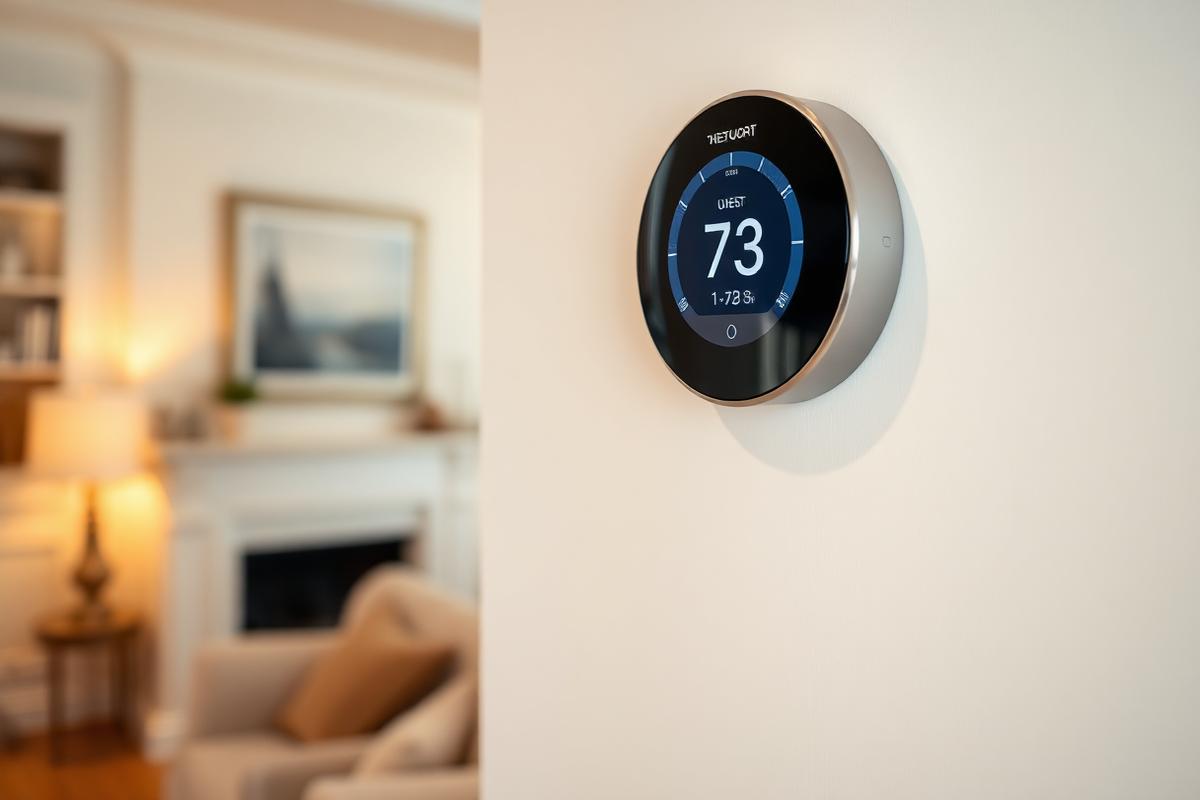 Thermopompe air-eau moderne connectée à un thermostat intelligent affichant les températures et la consommation d'énergie sur un écran tactile.